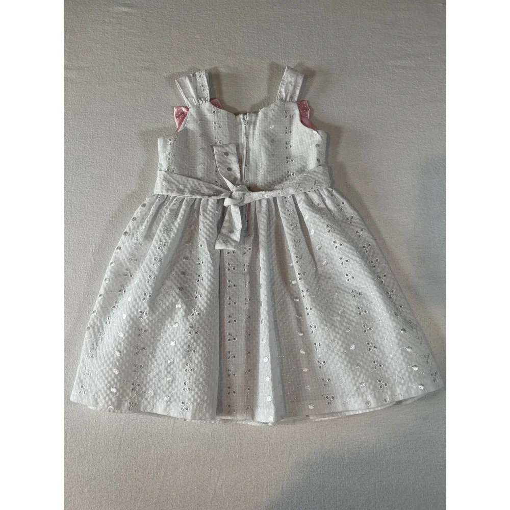 Bonnie Jean Girls White Eyelet Seersucker Dress Pink Bows 4T